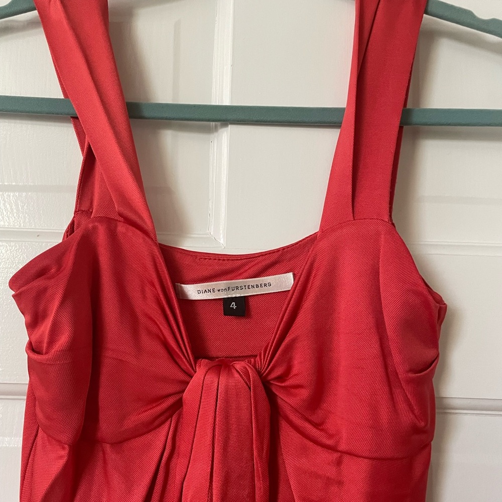 Diane Von Furstenberg Red Babydoll Dress with Ruching and Square Neck